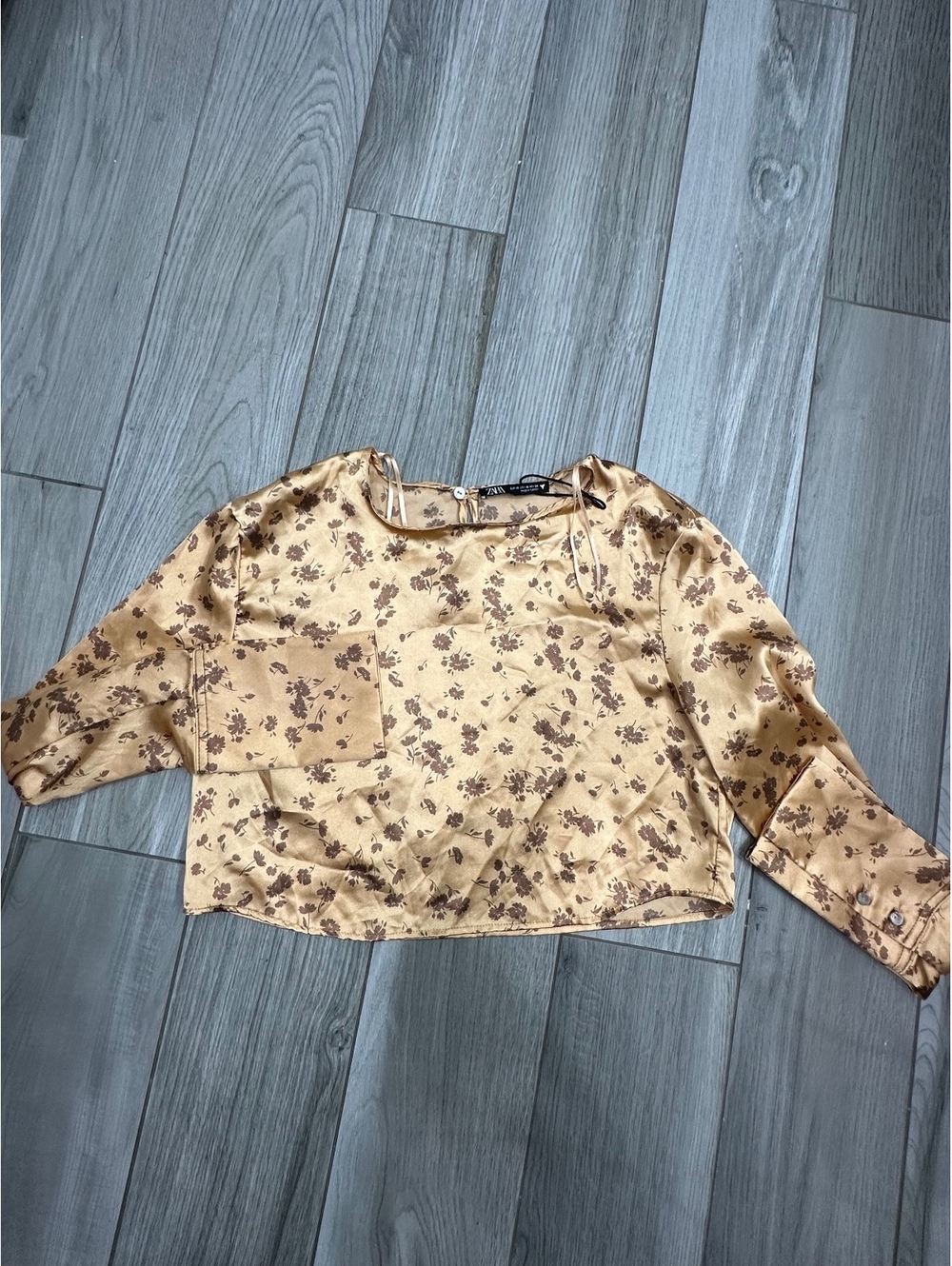 ZARA Floral Satin Blouse in Beige and Brown, Size XS